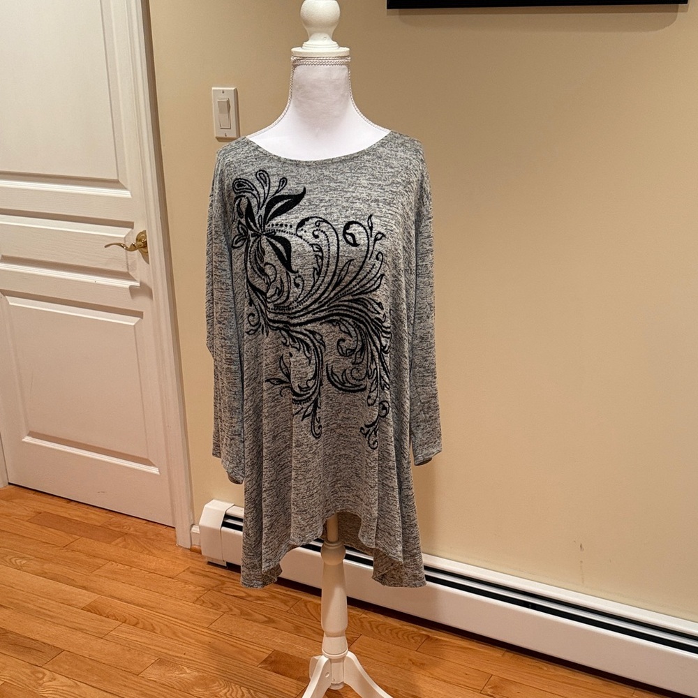 Chic Gray Women's Asymmetrical Tunic with Black Floral Textured Design, soft
